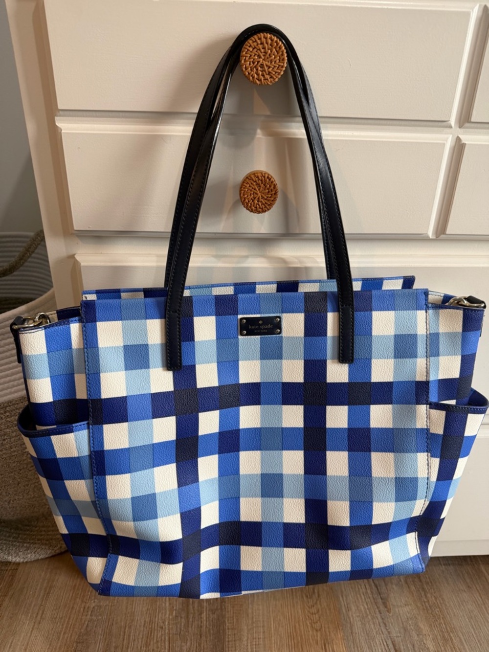 kate spade Blue and White Gingham Tote with Black Straps